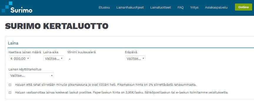 Valitse ensin haettava lainan määrä ja laina-aika.
